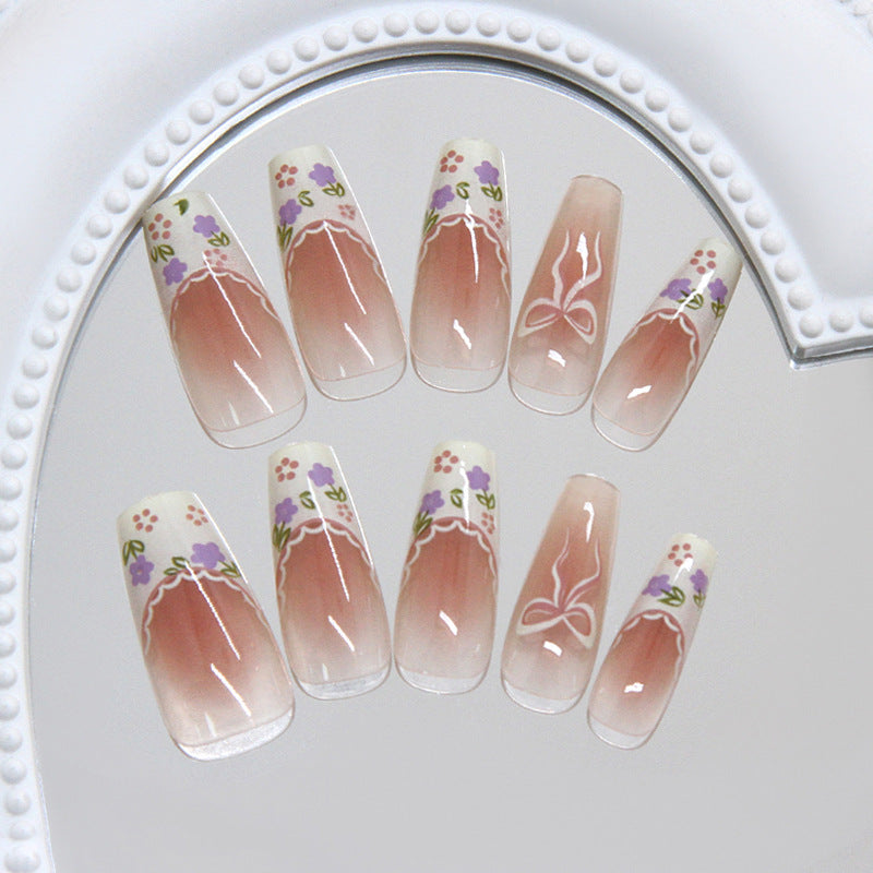 Whimsical Garden Inspired Long Coffin Ombre Pink Press On Nail Set with Floral Design