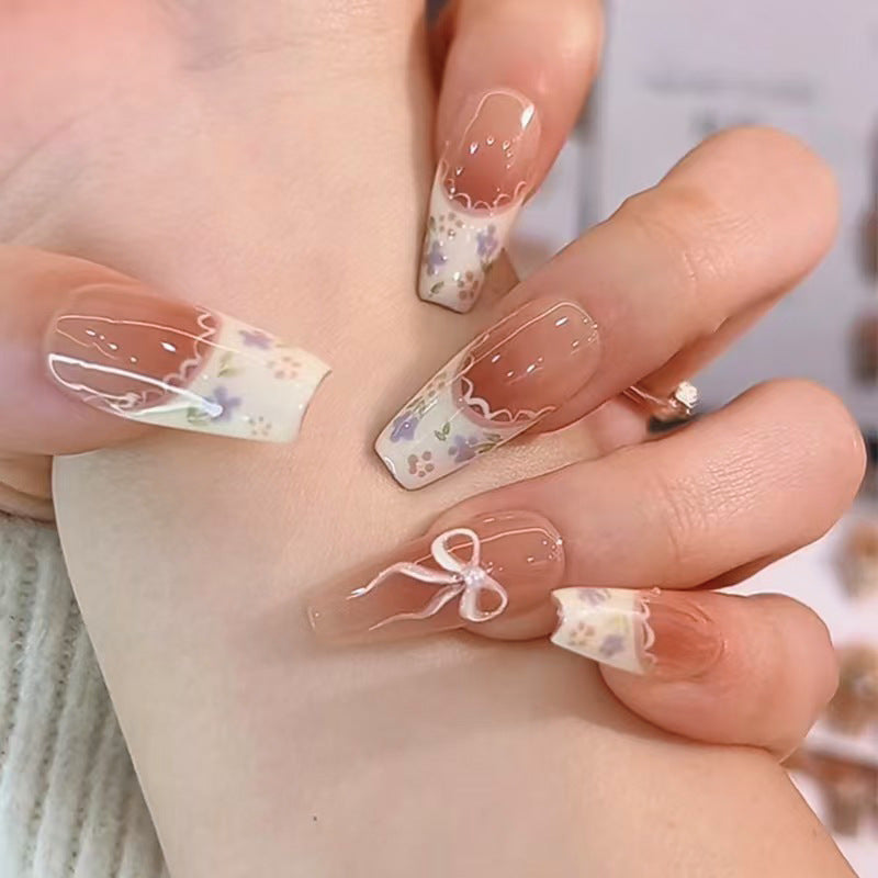 Whimsical Garden Long Coffin Transparent Floral Press On Nail Set with Charming Bow Accent