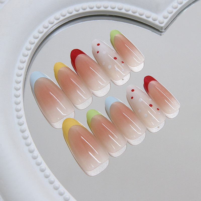 Charming Pastel Long Almond Press On Nail Set in Long Shape with Gradient Colors and Unique Dotted Design