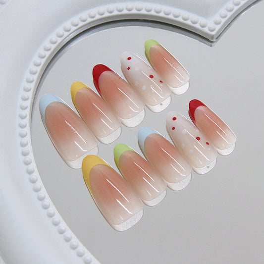 Charming Pastel Long Almond Press On Nail Set in Long Shape with Gradient Colors and Unique Dotted Design