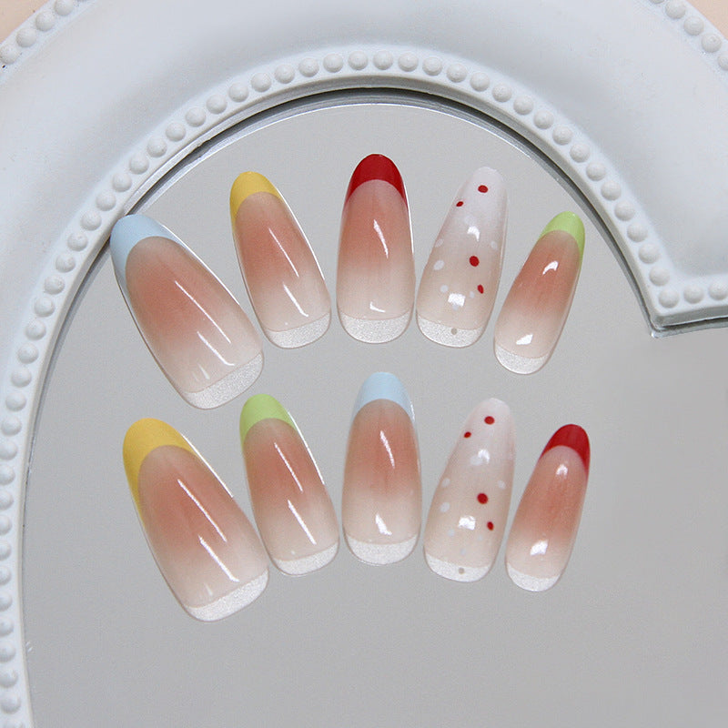 Whimsical Rainbow Dreams Long Almond Shaped Multicolored Press On Nail Set with Playful Dot Design