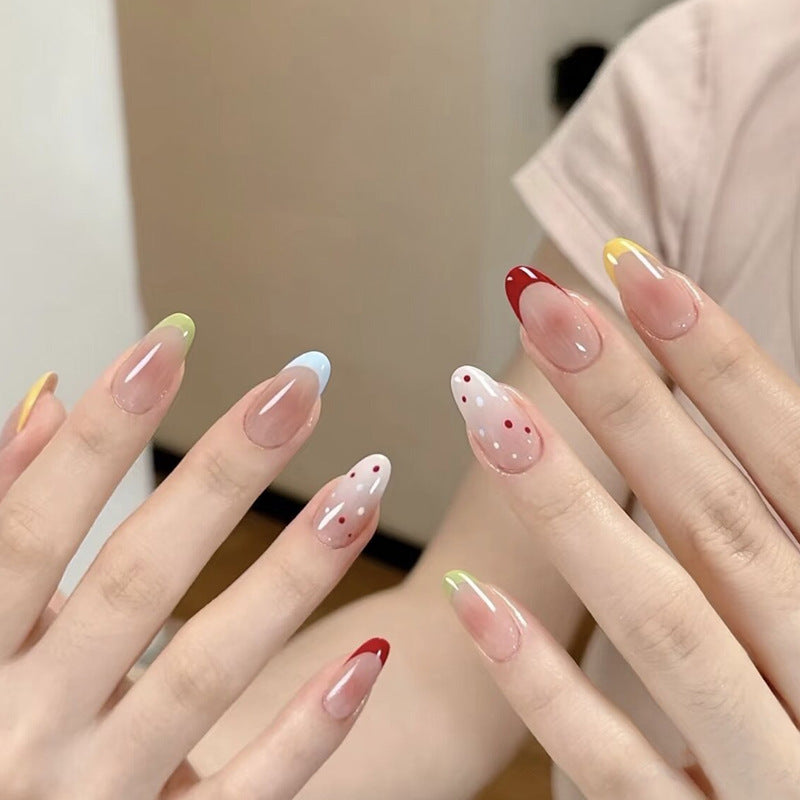 Whimsical Garden Long Almond Shape Transparent Pink with Colorful Tips and Playful Polka Dots Press On Nail Set