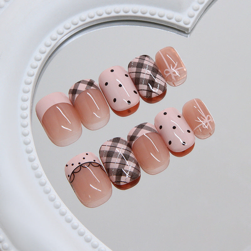 Chic Harmony Press-On Nail Set in Short Square Pink with Stylish Plaid and Dotted Designs
