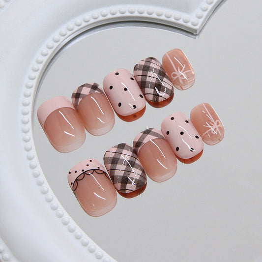 Chic Harmony Press-On Nail Set in Short Square Pink with Stylish Plaid and Dotted Designs