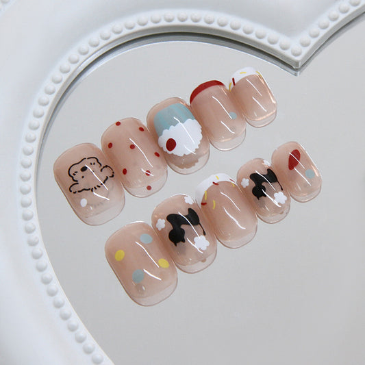 Whimsical Charm Short Square Transparent Nails with Adorable Cartoon Designs