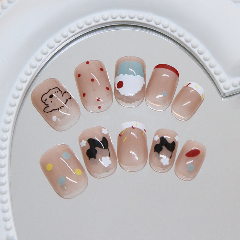 Whimsical Bakery Inspired Short Square Soft Beige Press On Nail Set with Unique Playful Desserts and Colorful Accents