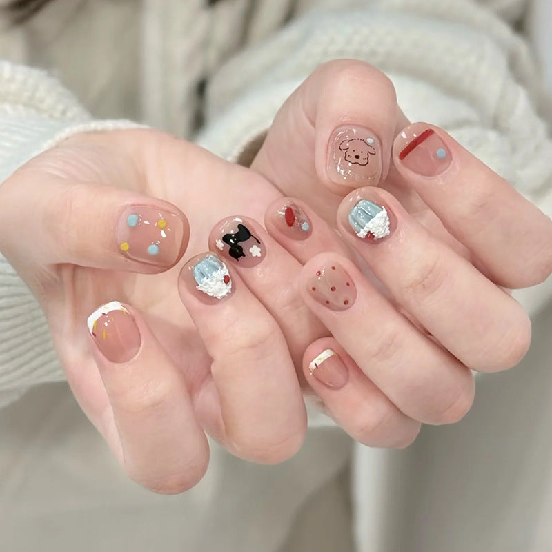 Whimsical Delight Square Short Blush with Adorable Charms Press On Nail Set