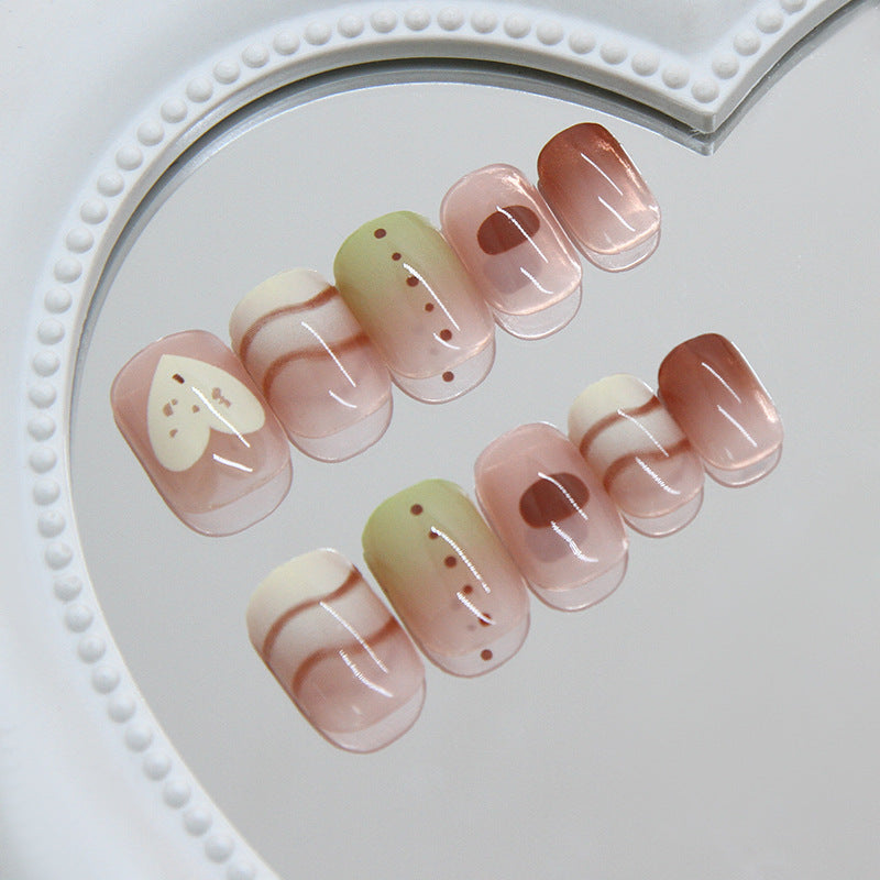 Whimsical Garden Short Square Pink Green Ombre with Heart Design Press on Nail Set