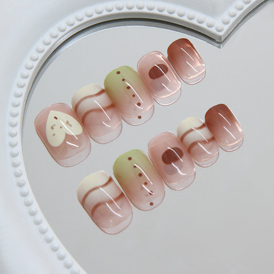 Whimsical Garden Short Square Pink Green Ombre with Heart Design Press on Nail Set