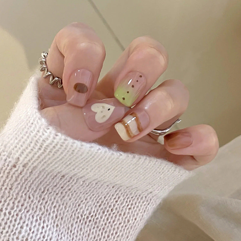 Whimsical Lily Graceful Short Square Beige Ombre with Charming Heart Design Press On Nail Set