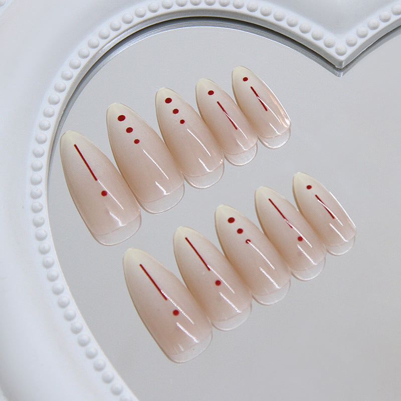 Chic Minimalist Medium Stiletto Beige with Red Detailing Press-On Nail Set
