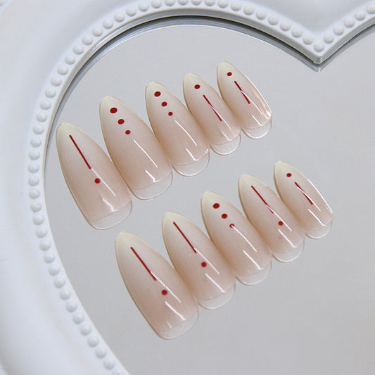 Chic Minimalist Medium Stiletto Beige with Red Detailing Press-On Nail Set