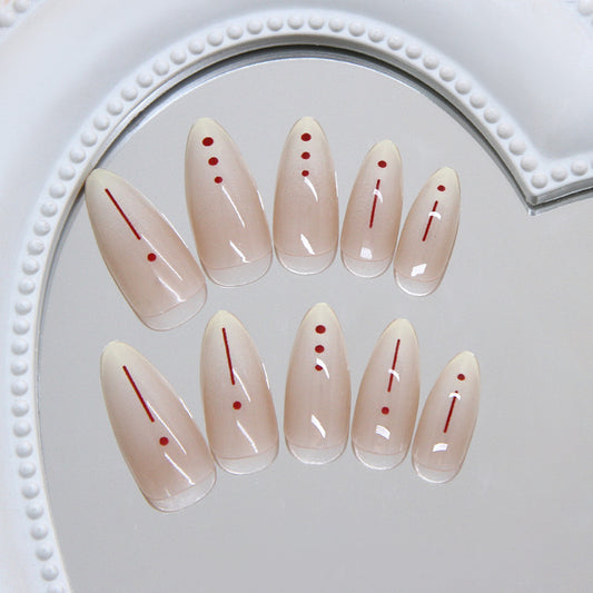 Elegant Rose Medium Stiletto Beige with Bold Red Accents Press On Nail Set
