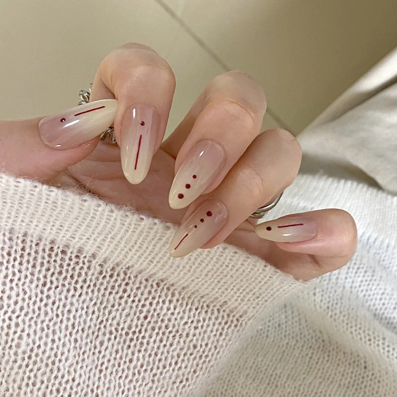 Elegant Aesthetic Long Almond Translucent with Unique Red Detailing Press on Nail Set
