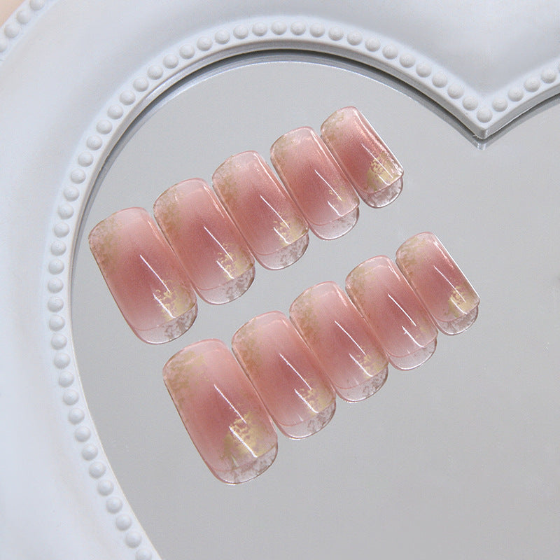Whimsical Blossom Short Square Pink Ombre Nail Set with Glitter Edge