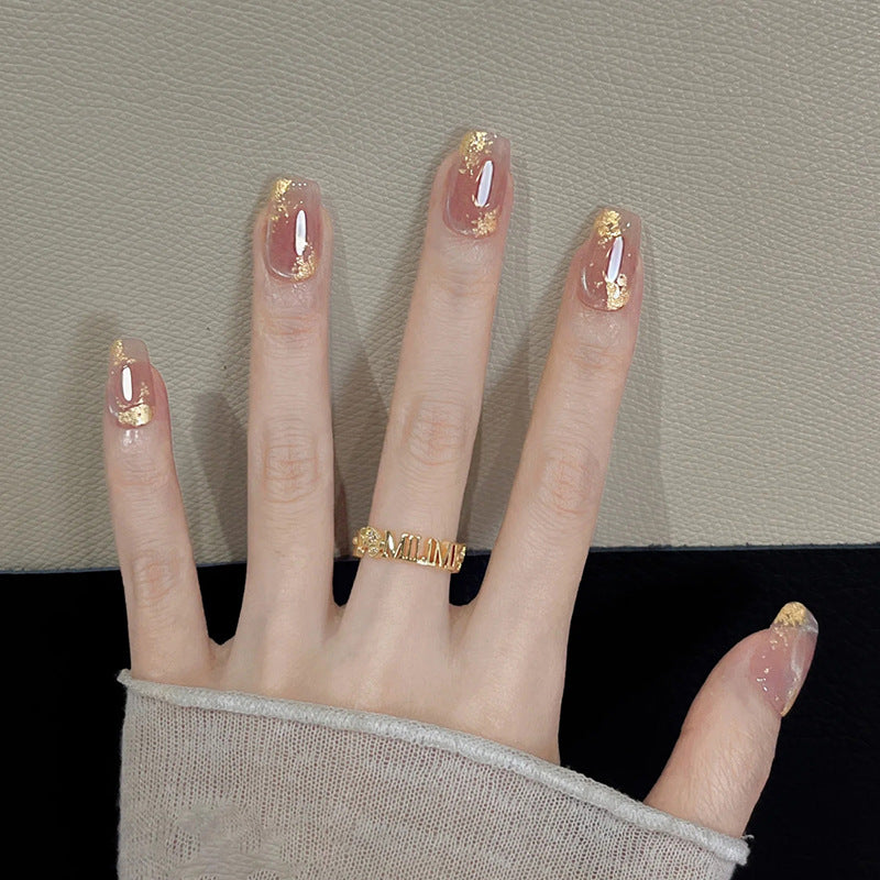 Glamorous Gold Touch Long Square Beige Press On Nail Set with Glitter Accents