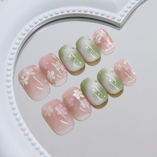 Spring Blossoms Short Square Pink and Green Ombre Floral Press on Nail Set