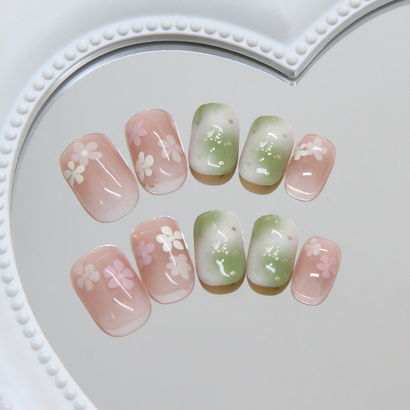 Blossom Dreams Short Square Pink and Green Gradient Floral Press On Nail Set