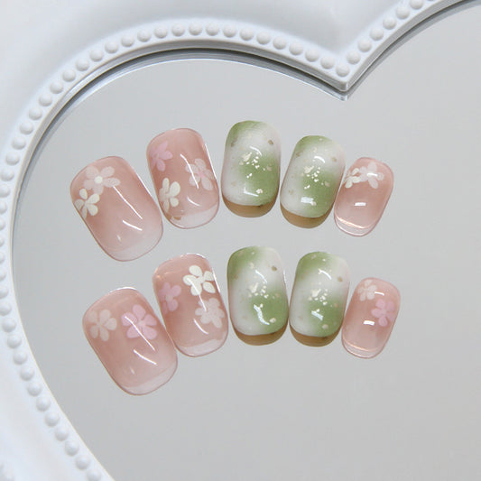 Blossom Dreams Short Square Pink and Green Gradient Floral Press On Nail Set
