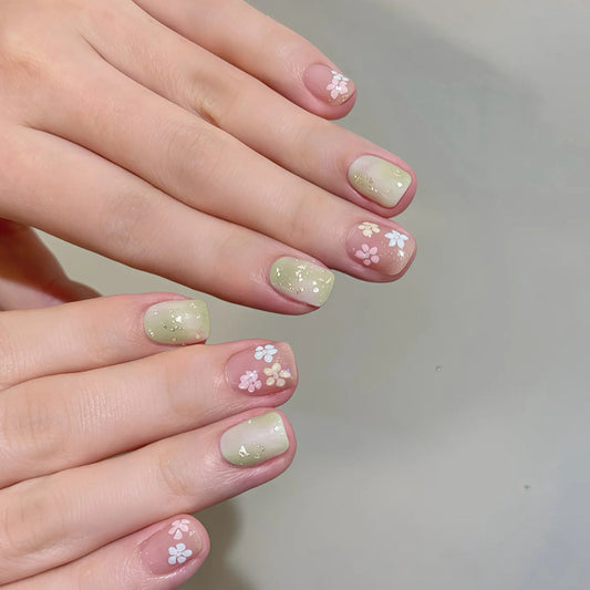 Floral Delight Short Square Green With Glitter Press On Nail Set
