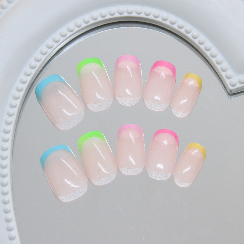 Vibrant Summer Short Square Colorful French Tip Press On Nail Set