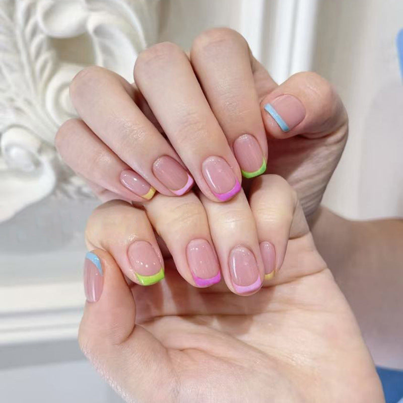 Vibrant Summer Short Square Pastel French Tip Press-On Nail Set
