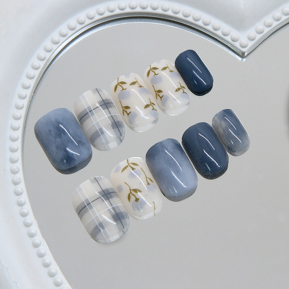 Serene Blue Vibes Short Square Frosted Nail Set with Elegant Floral Accents