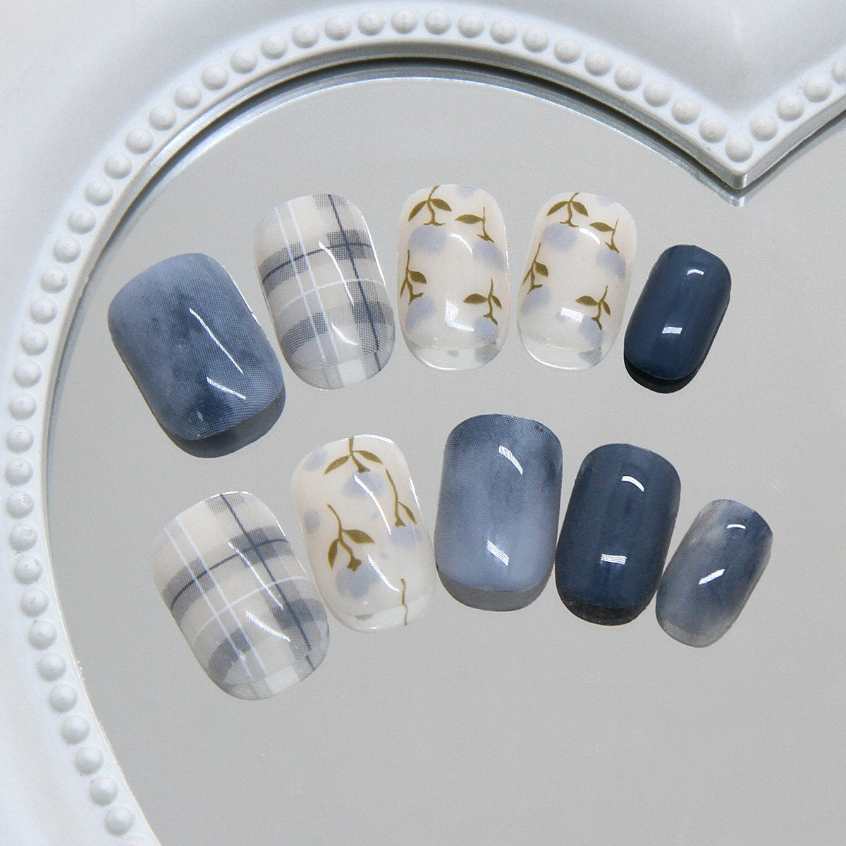Elegant Evening Short Square Gray with Floral Accents Press On Nail Set