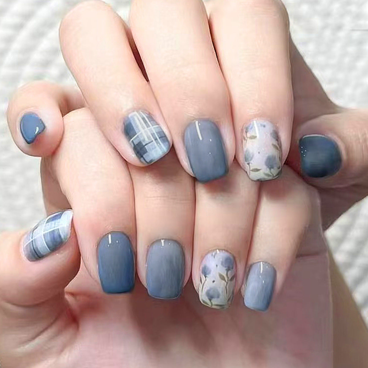 Elegant Blue Floral Short Square Press on Nail Set with Artistic Patterns
