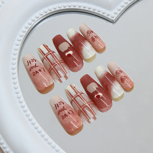 Romantic Aura Long Coffin Rose-Tinted Press-On Nail Set with Whimsical Designs