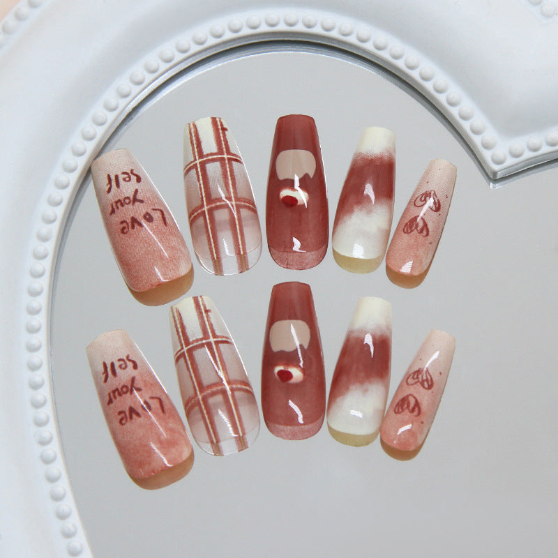 Autumn Elegance Long Coffin Rust Red Gradient and Artistic Design Press on Nail Set
