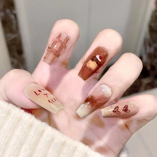 Festive Fairytale Long Coffin Brown Ombre with Charming Designs Press On Nail Set