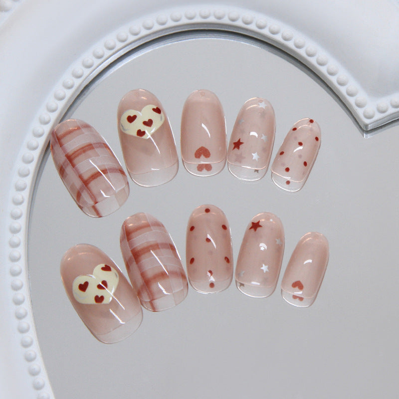 Lovebird Romance Medium Oval Blush Pink with Heart and Star Designs Nail Set