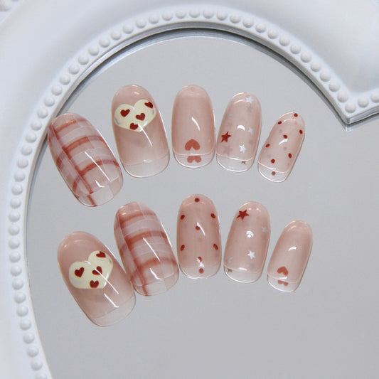 Lovebird Romance Medium Oval Blush Pink with Heart and Star Designs Nail Set