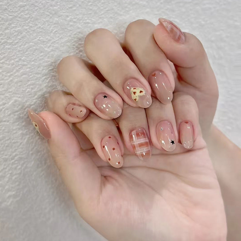 Whimsical Elegance Medium Oval Beige with Star and Pizza Accents Press-On Nail Set