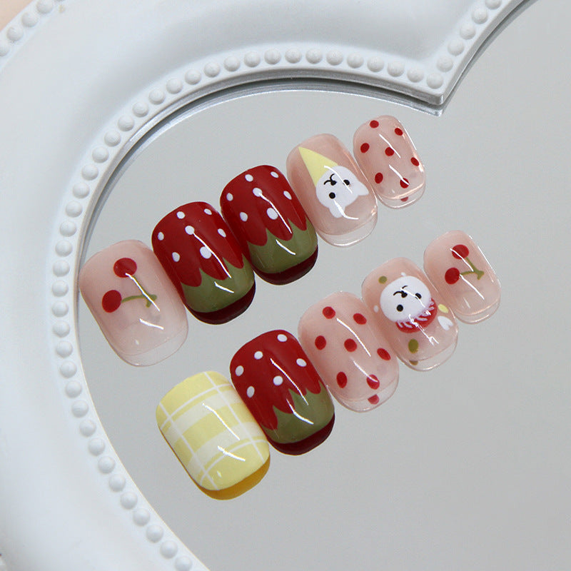 Whimsical Garden Short Square Red with Cherry Blossom Design Press-On Nail Set
