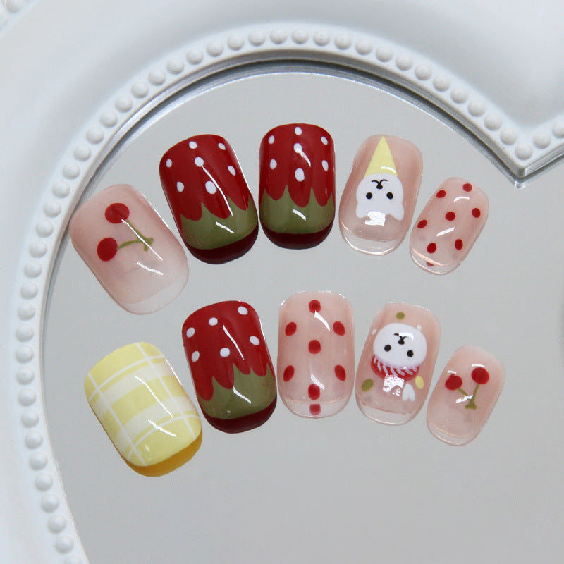 Whimsical Strawberry Short Square Nail Set with Cute Bear Design