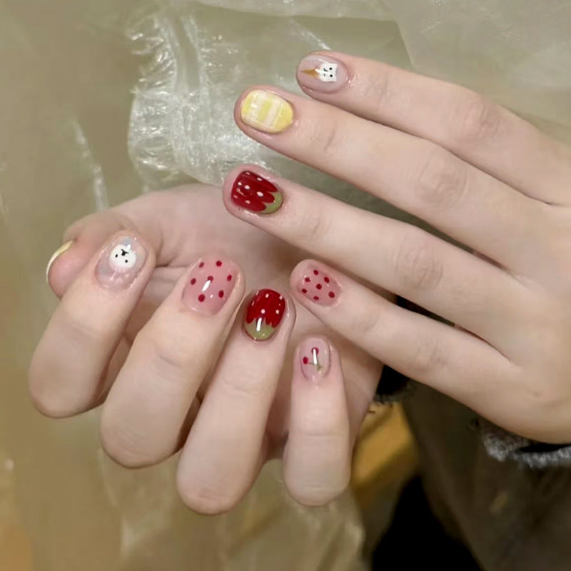 Whimsical Strawberry Short Square Nail Set with Cute Designs