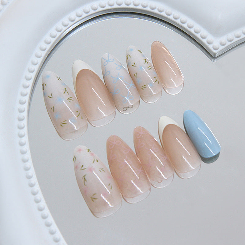 Floral Dream Long Almond Soft Pink and Blue Nail Press Set with Intricate Designs