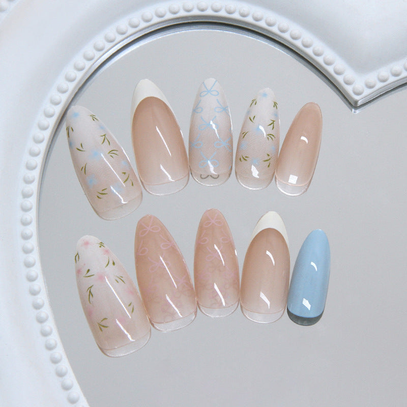 Dreamy Pastel Medium Almond Light Pink with Floral Designs Press On Nail Set