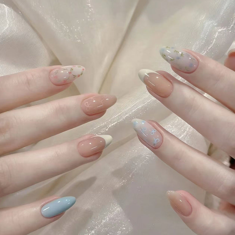 Dreamy Floral Fantasy Medium Almond Blue and Pink Ombre Design Press-On Nail Set