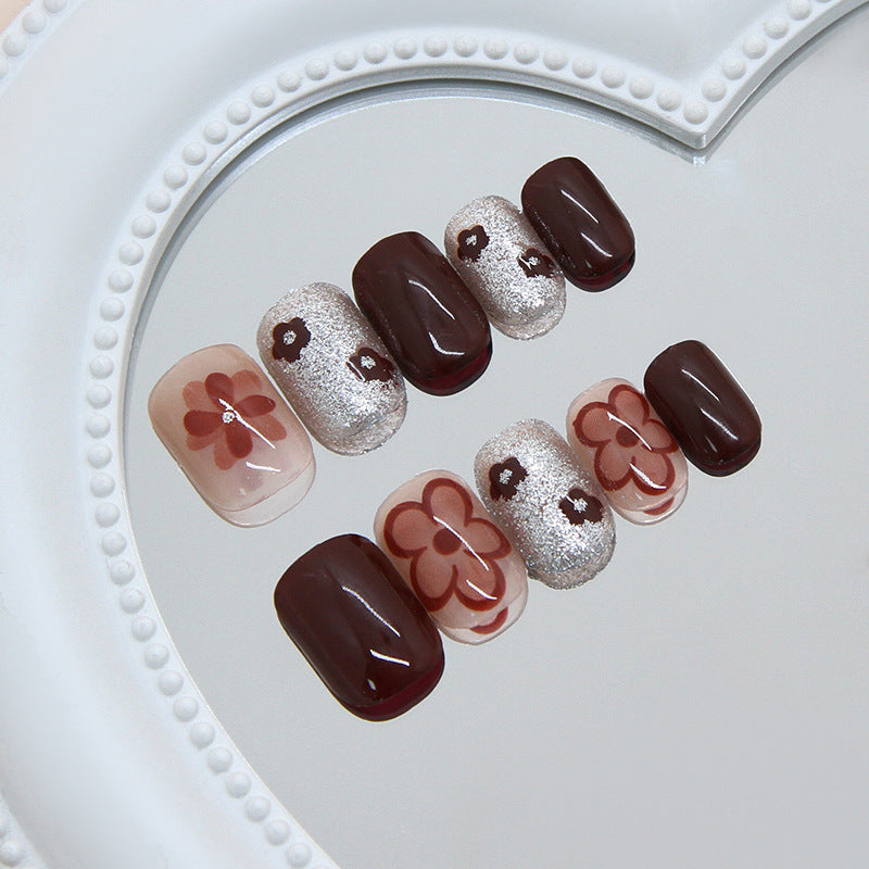 Chic Floral Elegance Short Square Burgundy with Sparkling Silver Accents Press On Nail Set