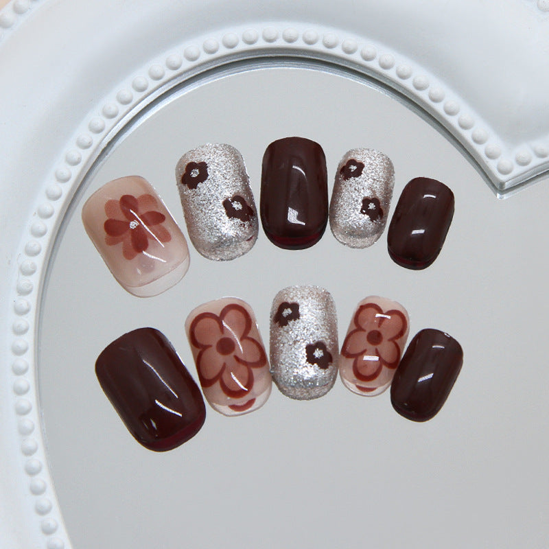 Chic Blossom Short Square Burgundy with Glitter Accents Nail Set