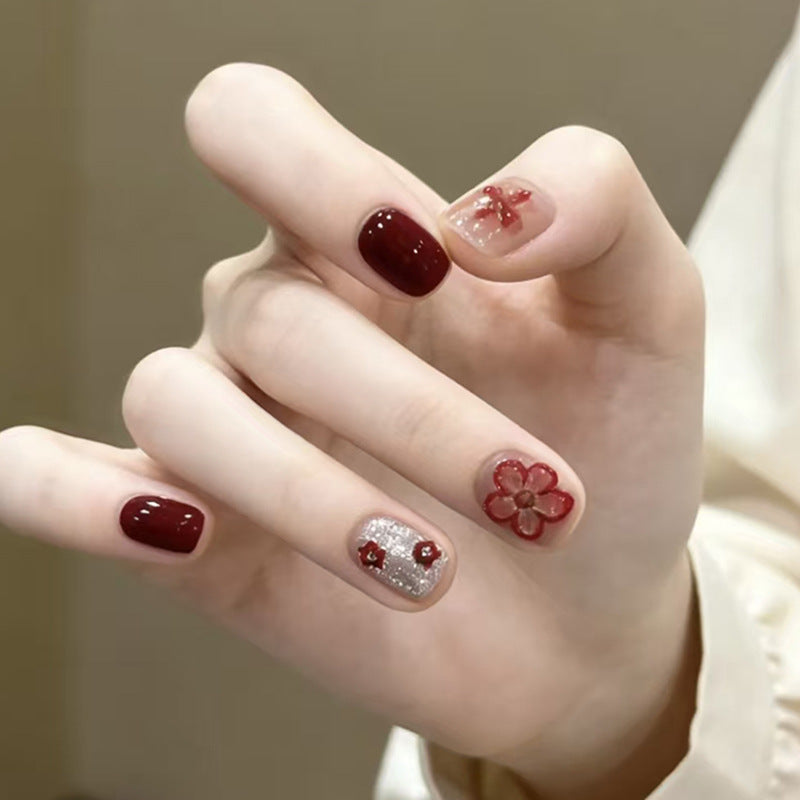 Elegant Floral Vibes Short Square Burgundy with Charming Floral Accents