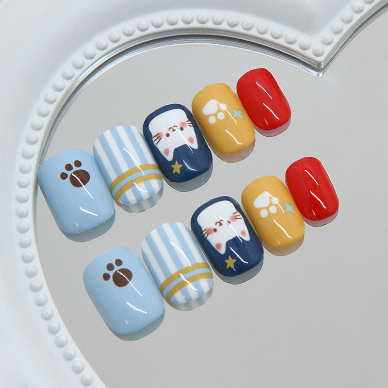 Whimsical Paw Print Short Square Blue and Yellow Nail Set with Cute Cat Designs