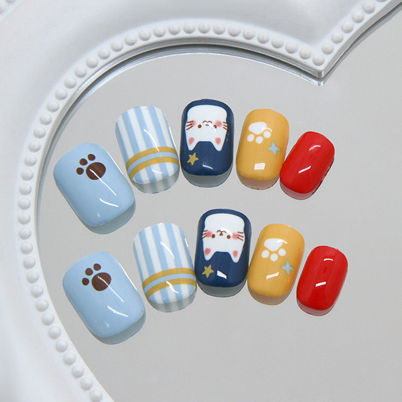 Adorable Cat Theme Short Square Blue and Yellow Press On Nail Set with Cute Paw Print Design