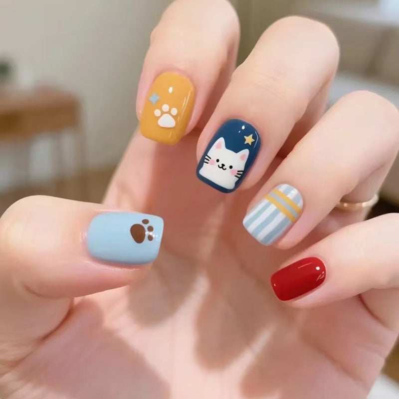 Whimsical Cat Themed Short Square Blue and Yellow Press On Nail Set with Fun Animal Patterns