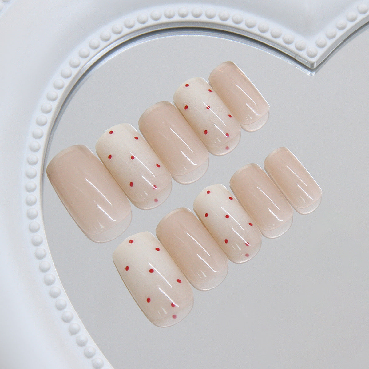 Chic Minimalism Medium Square Beige with Red Dots Press On Nail Set