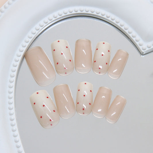 Charming Pastel Medium Square Beige with Red Dots Press-On Nail Set