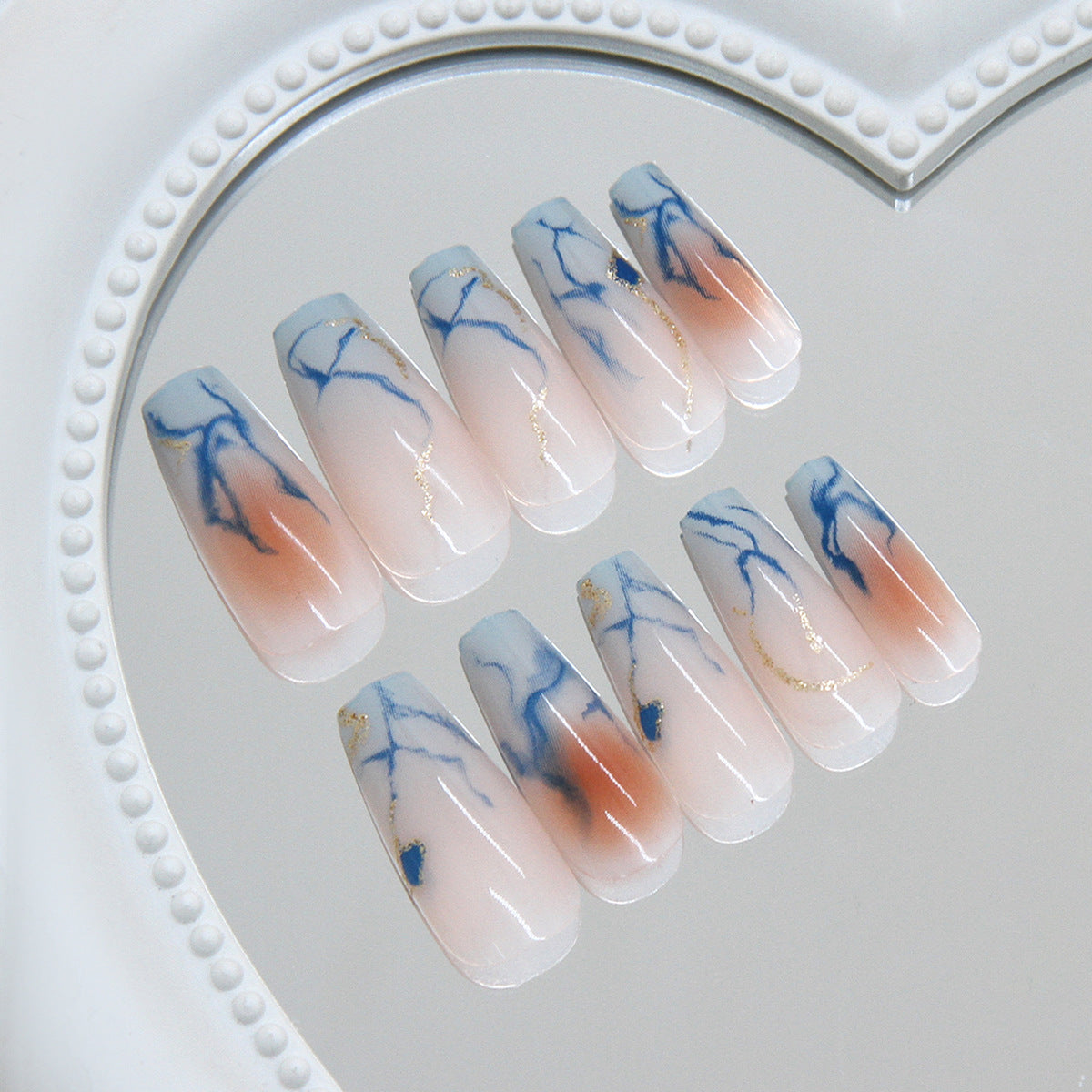 Elegant Serenity Long Coffin Blush with Blue Vein Accents Nail Set